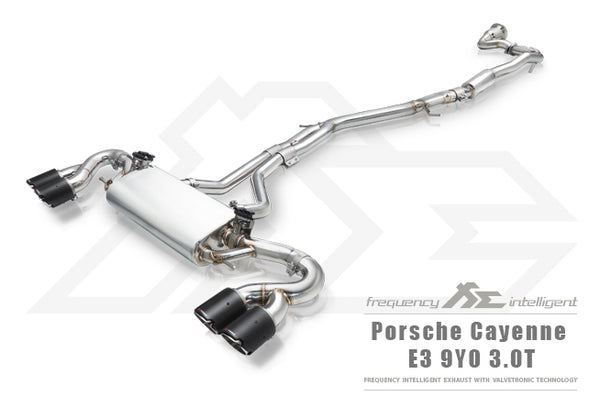 FI Exhaust Porsche 9Y0 Cayenne 3.0T Mid X Pipe + Valvetronic Mufflers + Quad Tips + OBD2 Mobile App Remote
